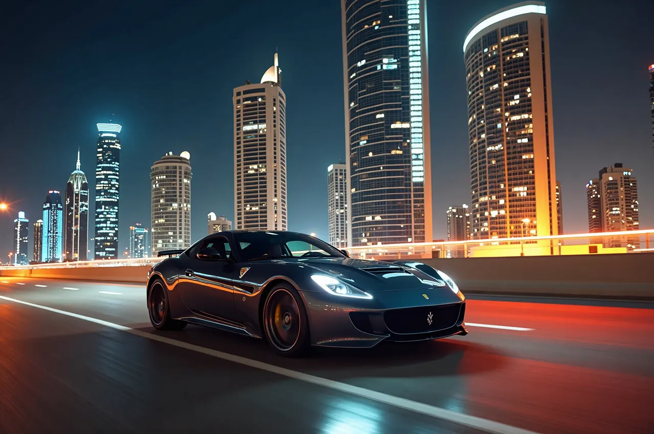 A luxury coupe driving through a Gulf city at night with illuminated towers reflected on the bodywork