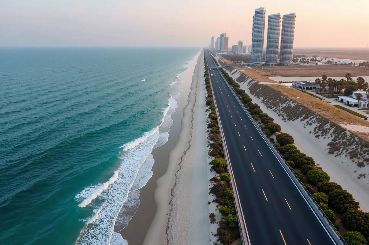 A coastal highway beside turquoise Gulf water with modern towers rising in the distance