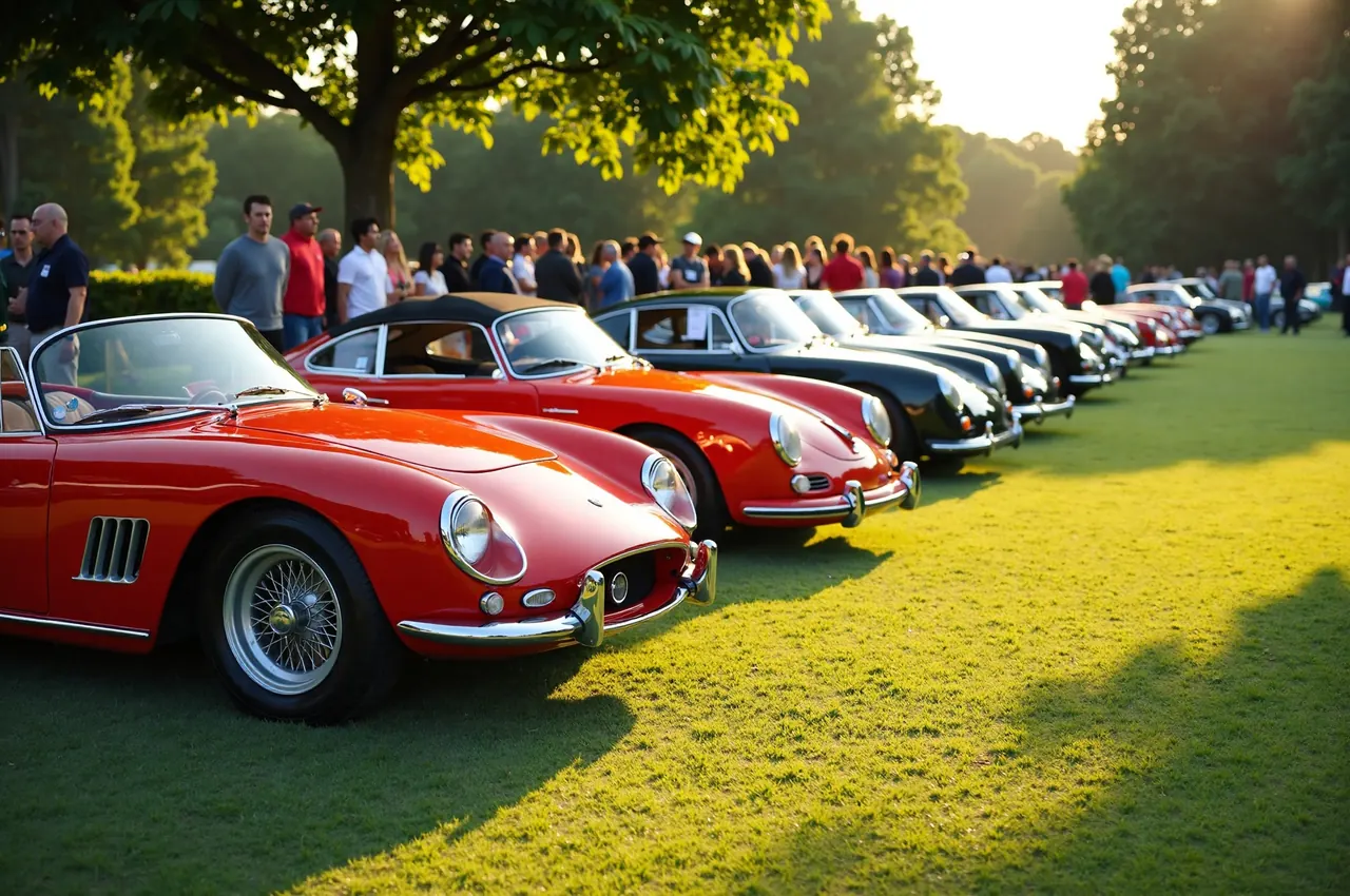 A row of gleaming classic and modern luxury cars on a lawn at golden hour with spectators admiring them