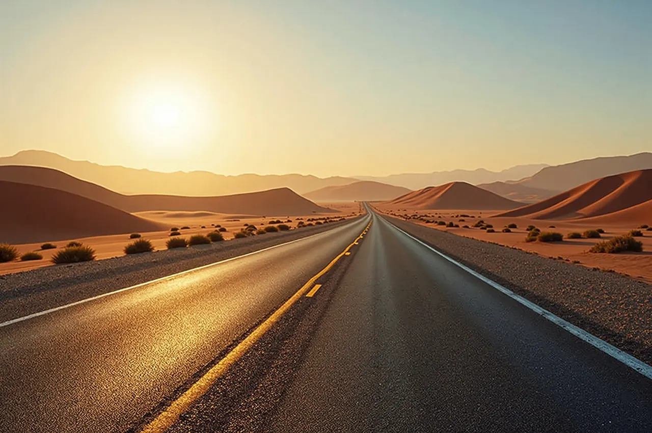 An empty desert highway curving between red dunes at golden hour with heat haze on the asphalt