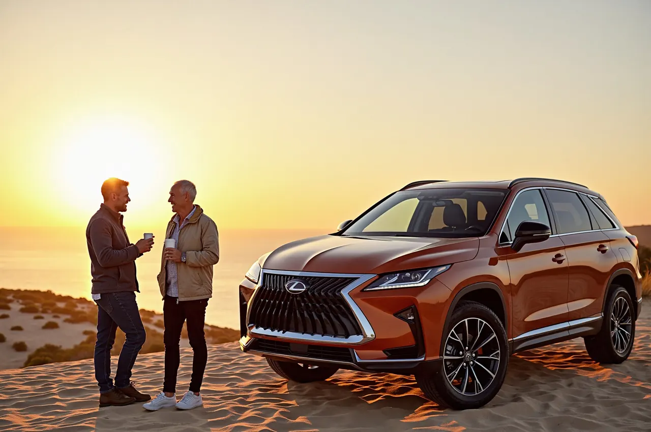 A large luxury estate car parked at a dune viewpoint at sunset with two friends standing beside it