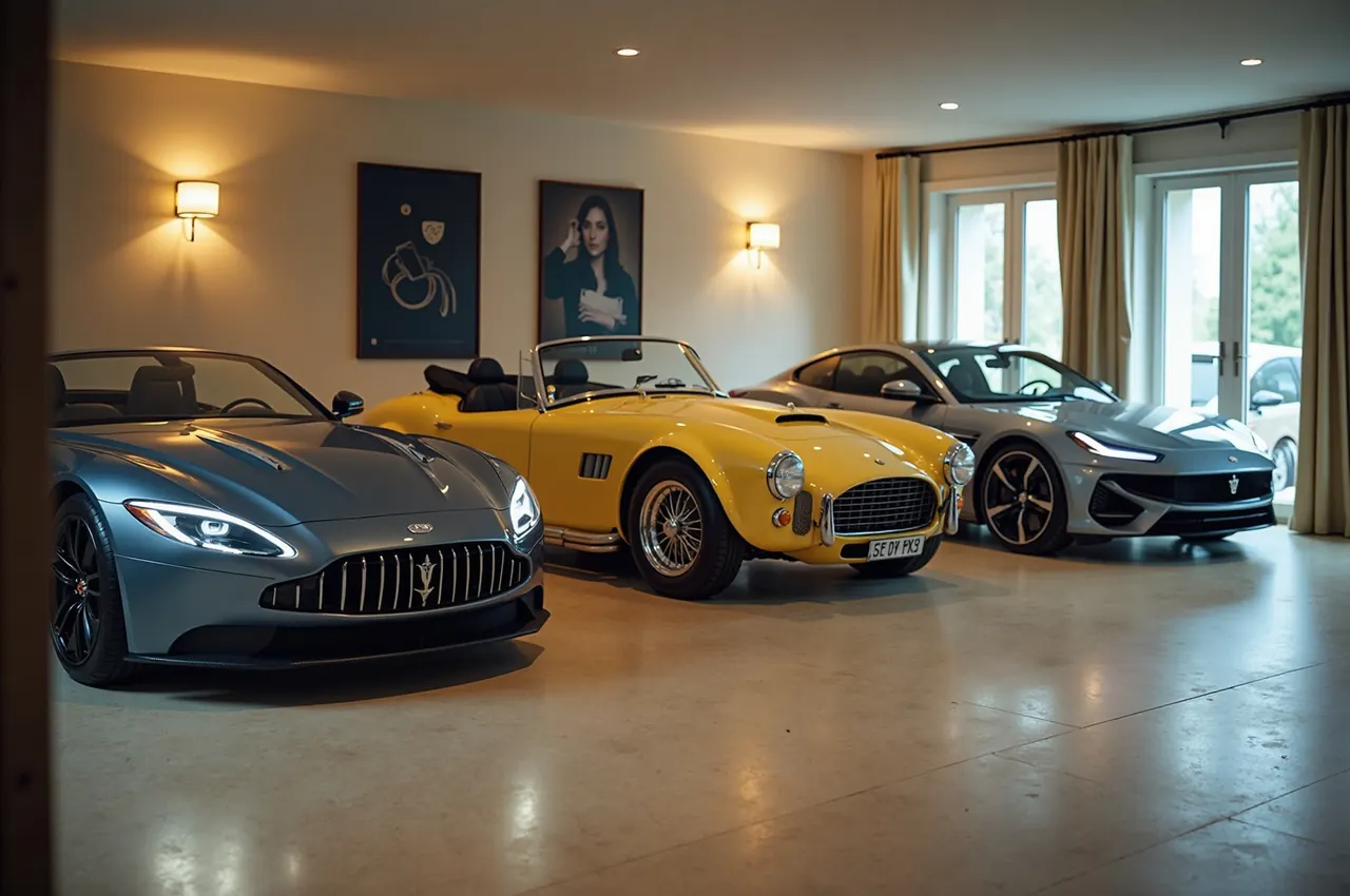 A private collector's garage with three luxury cars under soft ceiling lights on a polished floor