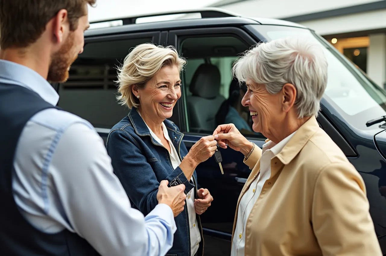 A hire agent handing keys to a smiling couple in their fifties in front of a large luxury estate car