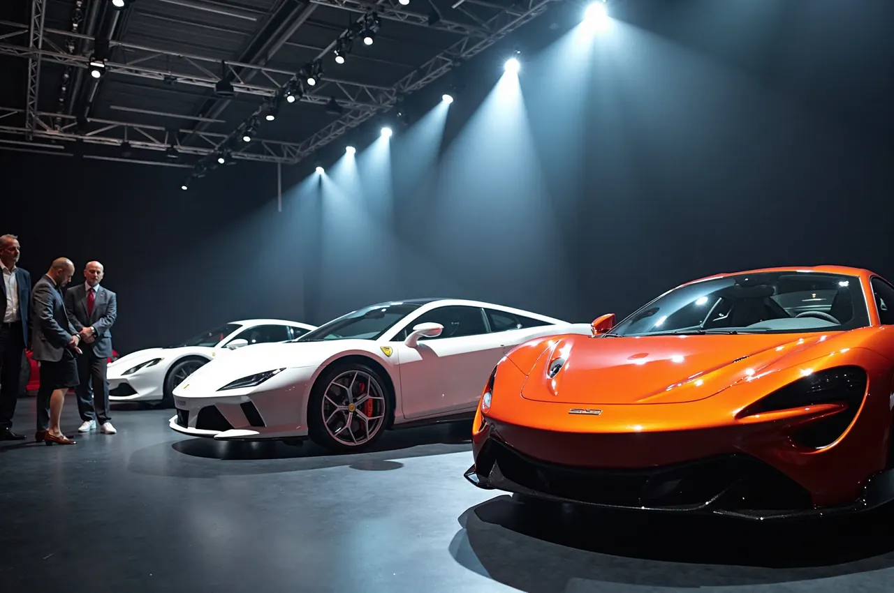 A dark exhibition hall with spotlights on a line of luxury cars and well-dressed visitors walking between them