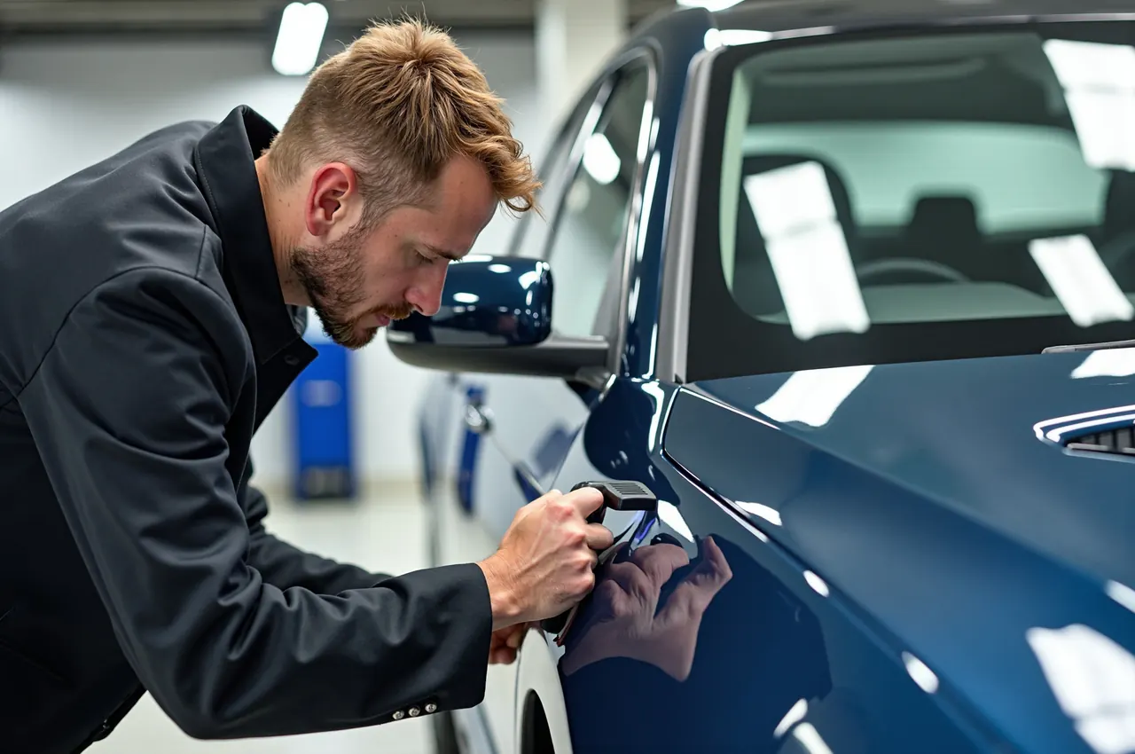 A specialist checking paint and panel gaps on a pre-owned luxury car with a torch in a bright showroom