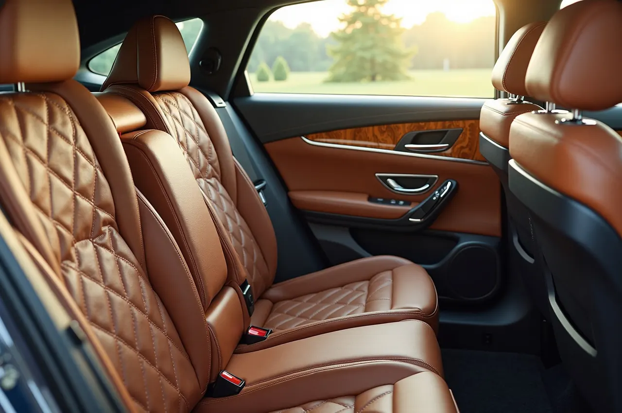 A quilted leather cabin with cooled seats and wood trim lit by afternoon sun through the side window