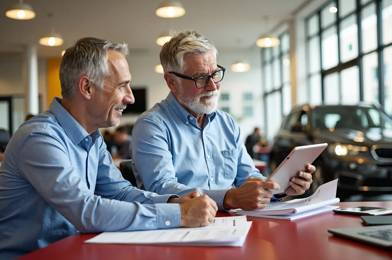 Two men in their fifties going through car documents on a tablet at a desk with a showroom behind them