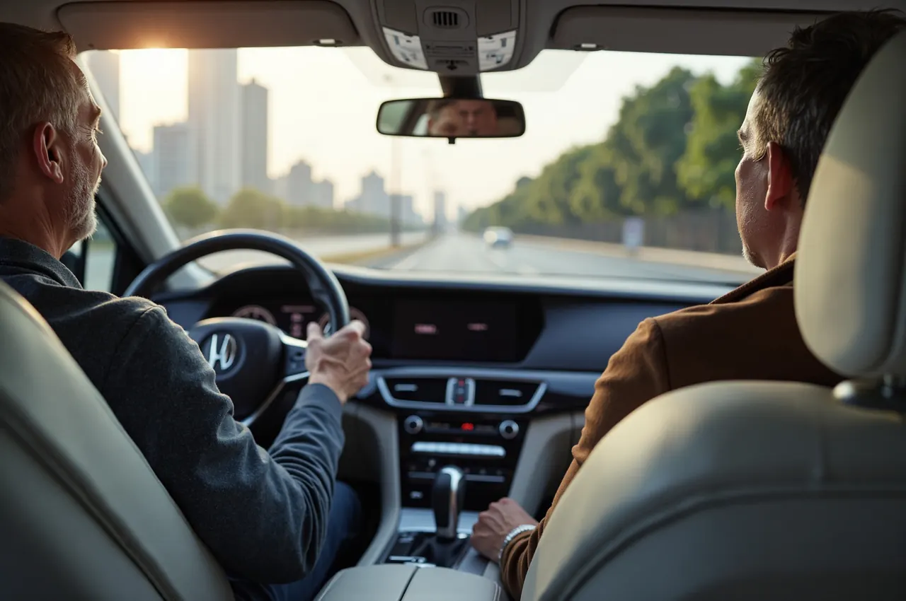 A calm man in his fifties driving a luxury saloon with a blurred city skyline outside the window
