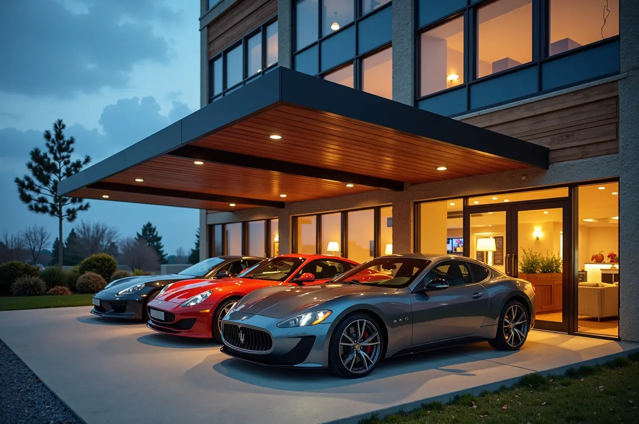 Luxury cars parked in a shaded hotel valet area at dusk under warm lights